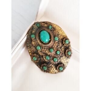 Antique Hammered Gold-tone Two-Layered Oval Jade Peking Glass Dress Clip